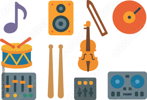 Flat music icons with gradient background instruments and sound equipment