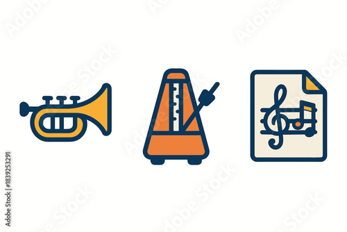 Music icons trumpet, metronome, and sheet music in flat design