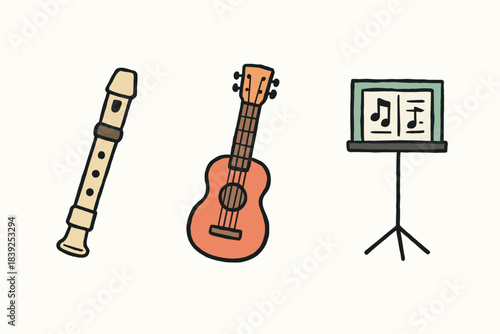 Colorful musical instruments and sheet music stand trio in simple doodle style