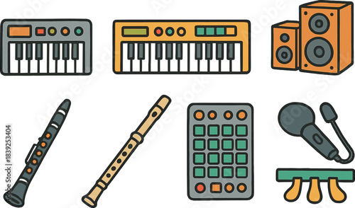 Colorful music equipment icons featuring instruments and audio gear