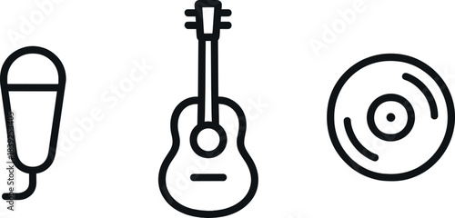 Music icons on dark background guitar, microphone, and vinyl record in minimalist design
