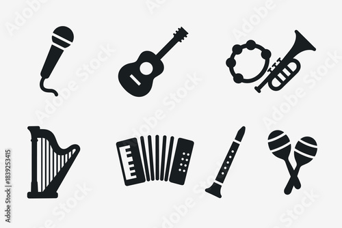 Musical instrument icon set microphone, guitar, tambourine, trumpet, harp, accordion, clarinet, maracas