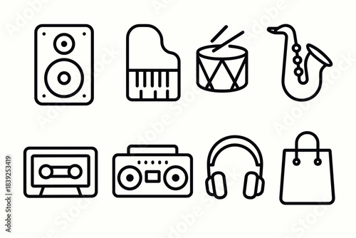 Minimalist music icons instruments and audio equipment in linear style
