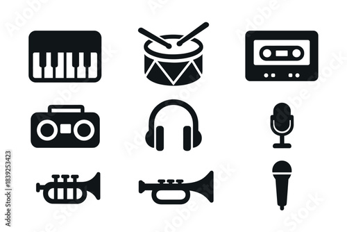 Music icons collection silhouette style of instruments, microphones, headphones, and cassette