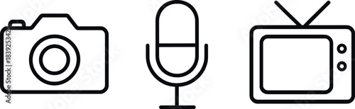 Camera, microphone, and television minimalist icons for media and communication