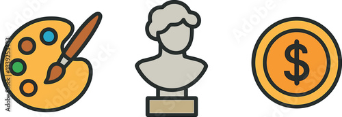 Creative icons set art palette, classical bust, and gold coin on brown background