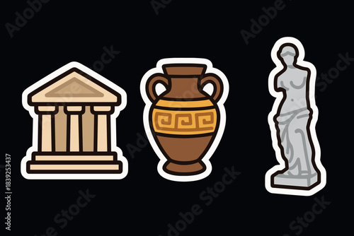 Classic greek icons on black background temple, vase, and statue