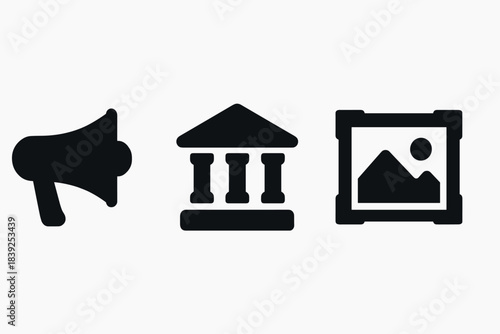 Icon set of megaphone, bank, and photo frame in simple black silhouette style