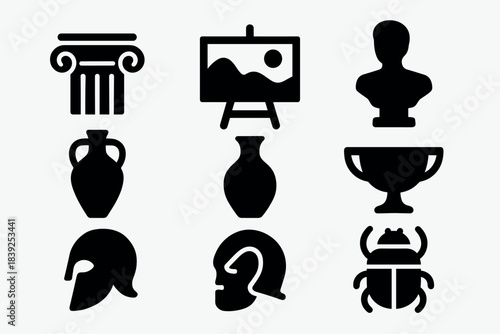 Classical icon set featuring ancient greek artifacts and symbols in black silhouette style