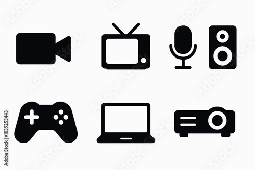 Silhouette icons of media devices camera, tv, microphone, speaker, game controller, laptop, projector