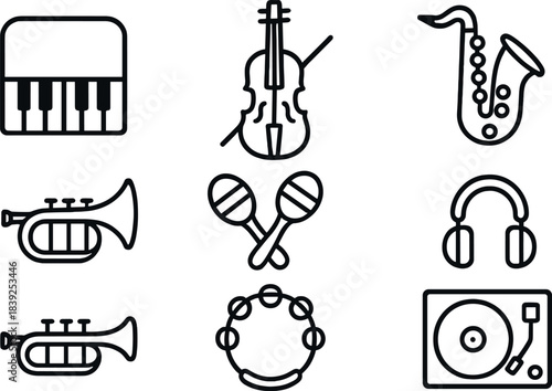 Musical instrument icons set in linear style on dark background