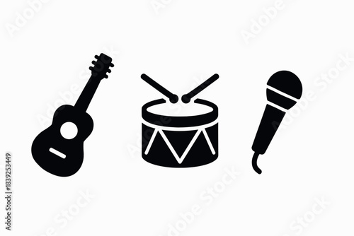 Icon set of guitar, drum, and microphone in bold silhouette style for music themes