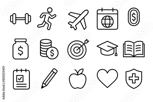 Minimalist icon set featuring fitness, travel, finance, education, and health symbols