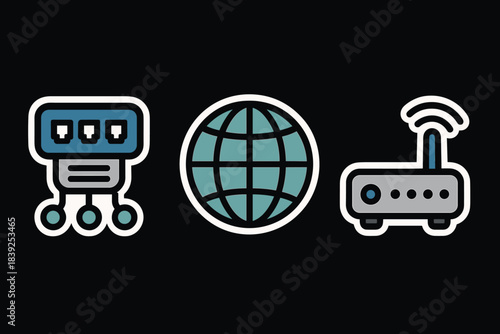 Internet network icons switch, globe, router in modern flat design