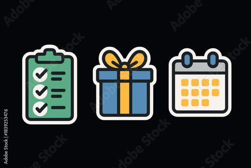 Colorful icon set featuring checklist, gift box, and calendar on black background