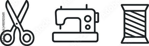 Silhouette sewing tools scissors, machine, and thread in minimalist design