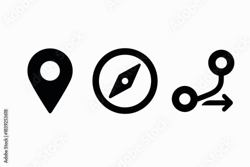 Navigation symbols location marker, compass, route path icons for maps and directional design