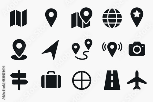 Set of travel and navigation icons in monochrome style