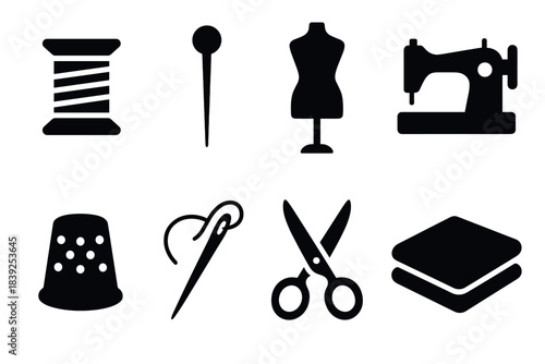 Silhouette sewing icons needle, thread, and machine set for crafting and tailoring