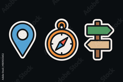 Colorful navigation icons featuring compass, location pin, direction sign