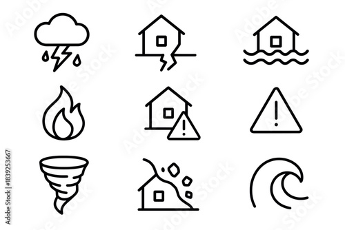 Natural disaster outline icons set featuring storm, earthquake, flood, fire, and tornado