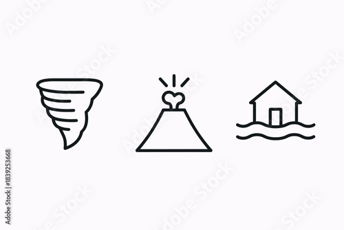 Natural disaster icons tornado, volcano, and flood in simple line art