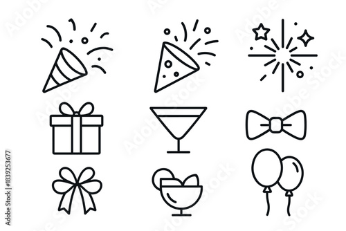 Festive linear icons party hats, gifts, and celebrations in outline style