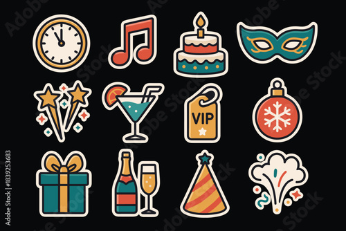 Festive icons collection party, celebration, and new year's eve theme with colorful stickers