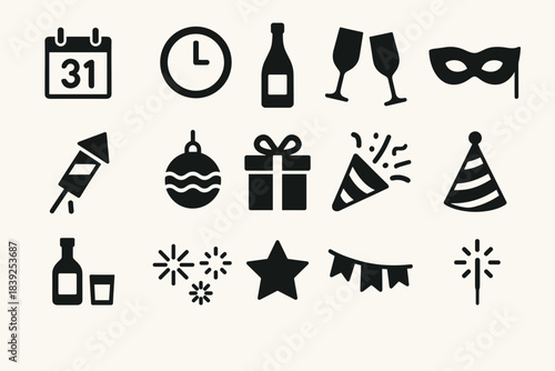 Celebration icons set minimalist party and holiday elements in black silhouette