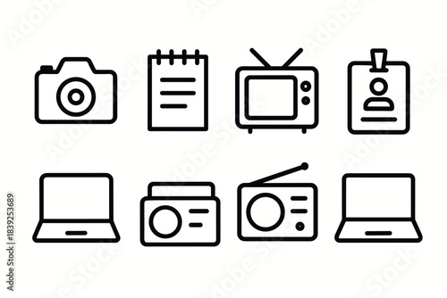 Thin line icons camera, notebook, tv, id badge, laptop, radio
