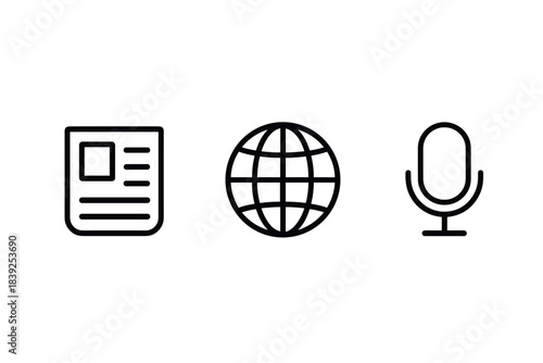 Simple icons of news, world, and microphone in linear style