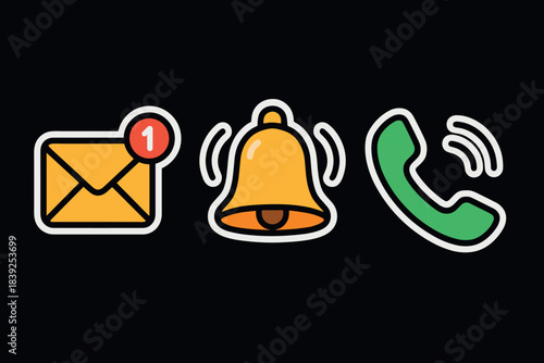 Notification icons set with email alert, ringing bell, and phone call on black background