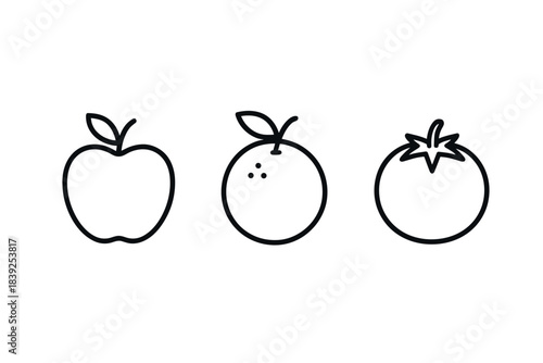 Minimalist fruit outline set apple, orange, tomato linear design