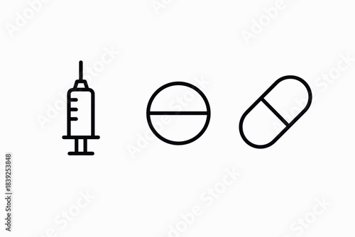 Minimalist medical icons syringe, tablet, capsule in linear design