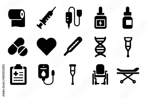 Medical and healthcare icons collection featuring equipment and symbols