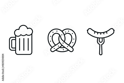 Minimalist beer mug, pretzel, and sausage icon set for oktoberfest celebrations