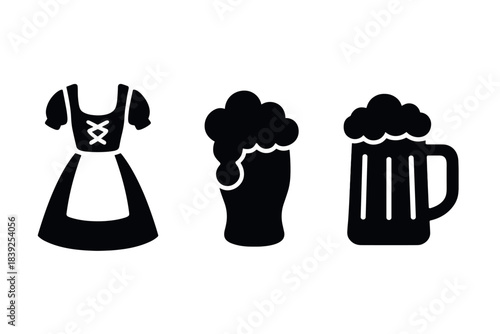Traditional oktoberfest icons dirndl dress and foamy beer mugs in bold silhouette design