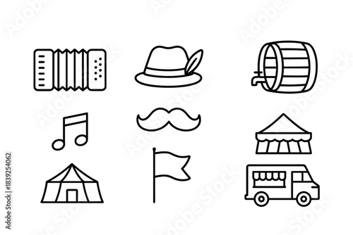 Classic oktoberfest icons set with line art hat, mustache, barrel, music, tent, flag, food