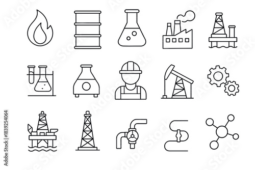 Outline icons of oil industry elements including oil rigs, refineries, and chemical equipment