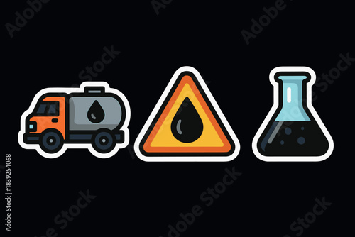 Fuel delivery icons with oil tanker, caution sign, and laboratory flask on black background