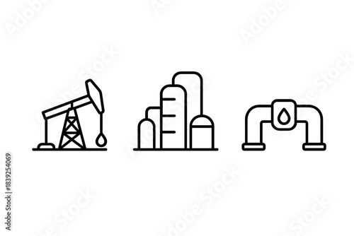 Minimalist icons of oil rig, refinery, and pipeline in linear design