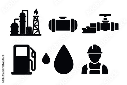 Energy and industry elements in minimalist black silhouette design