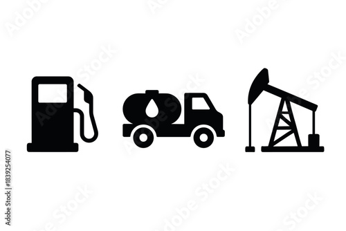 Fuel icons gas pump, truck, oil rig silhouettes for energy concepts