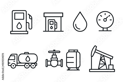 Linear icons of fuel industry gas station, oil tanker, and drilling equipment