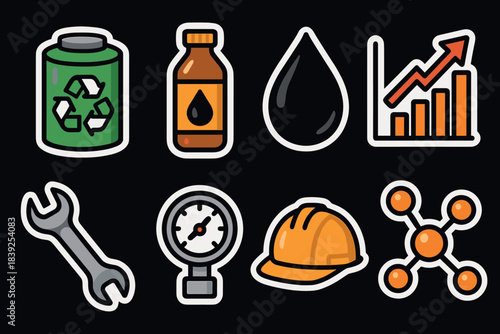 Industrial and environmental icons set featuring tools, helmet, and growth chart on black background