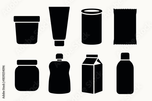 Silhouette collection of various packaging containers in black and white design