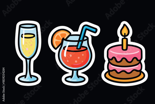 Colorful celebration icons featuring drinks and cake on a dark background