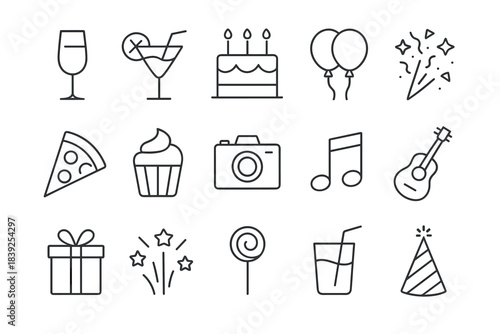 Minimalist celebration icons set featuring drinks, cake, balloons, and more
