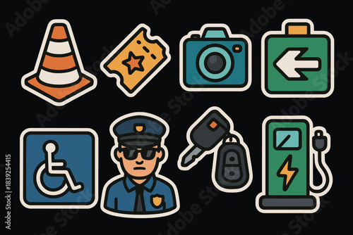 Modern transportation and safety icons on dark background