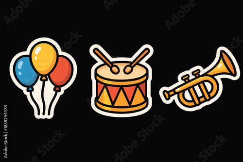 Colorful cartoon parade elements with balloons, drum, and trumpet on dark background